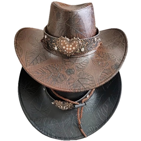 2 Faux Leather Western Cowboy Hat – Brown & BlackHeart Concho